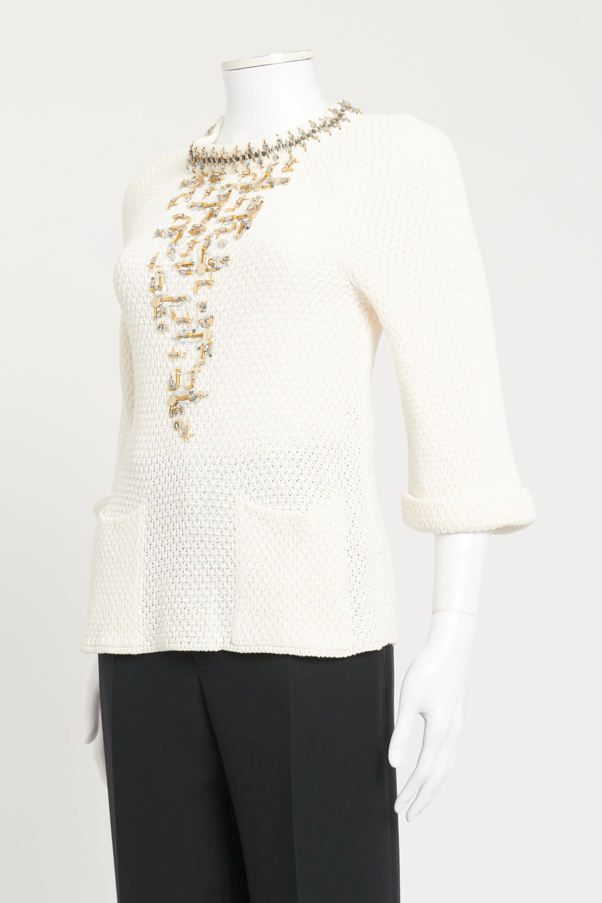 2016 Cream Preowned Embellished Knit Top
