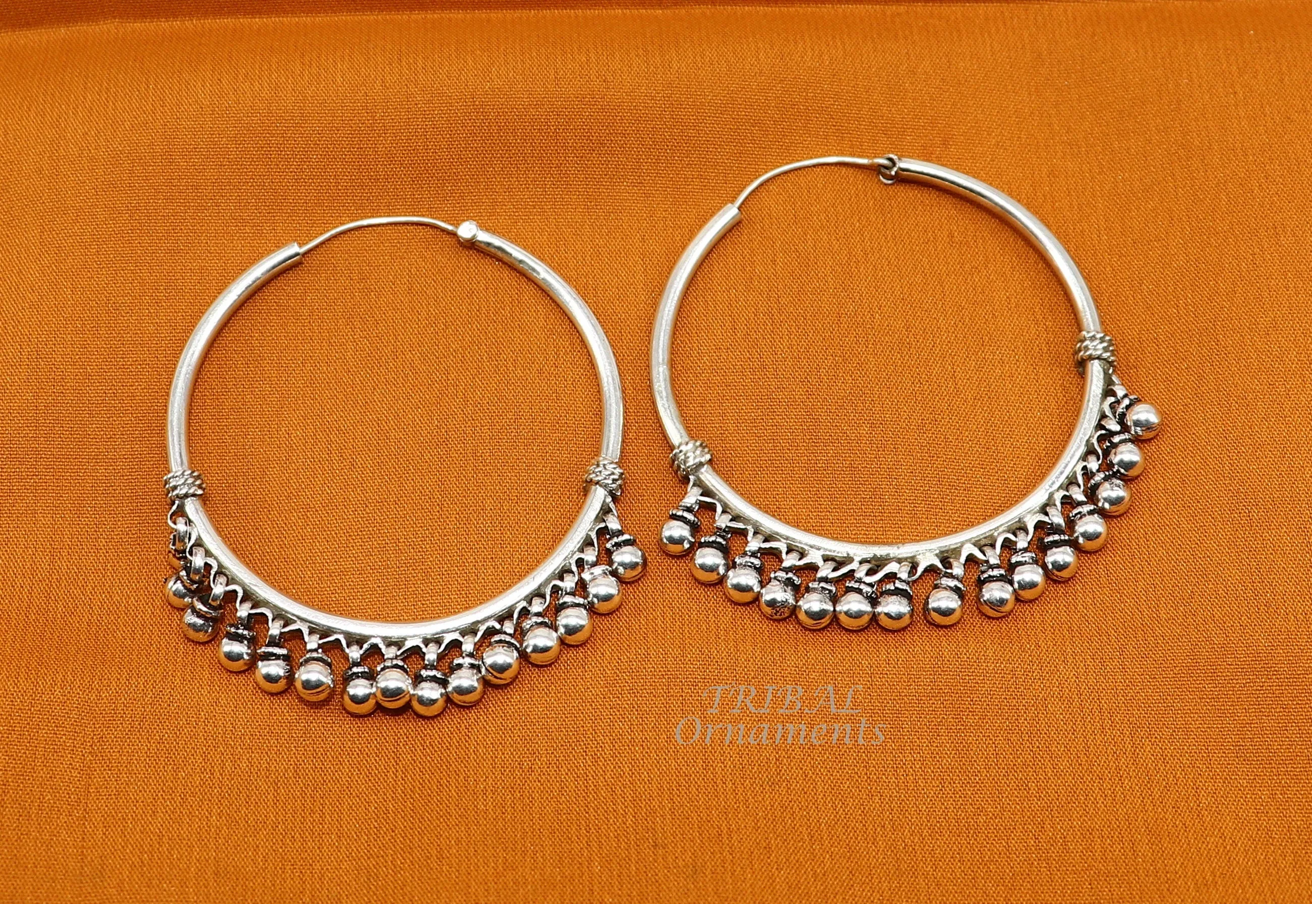 925 sterling silver handmade hoop earring elegant delegate Bali, hanging bells, hook, hoop gifting gorgeous tribal customized jewelry s1117