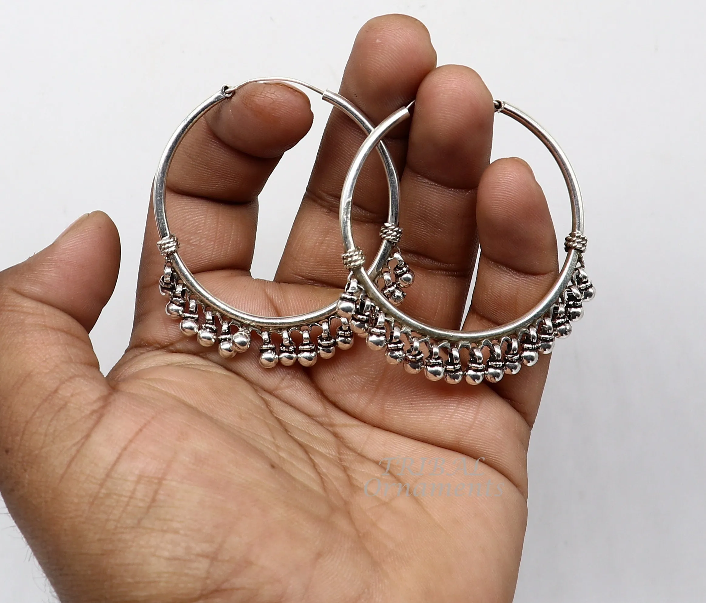 925 sterling silver handmade hoop earring elegant delegate Bali, hanging bells, hook, hoop gifting gorgeous tribal customized jewelry s1117