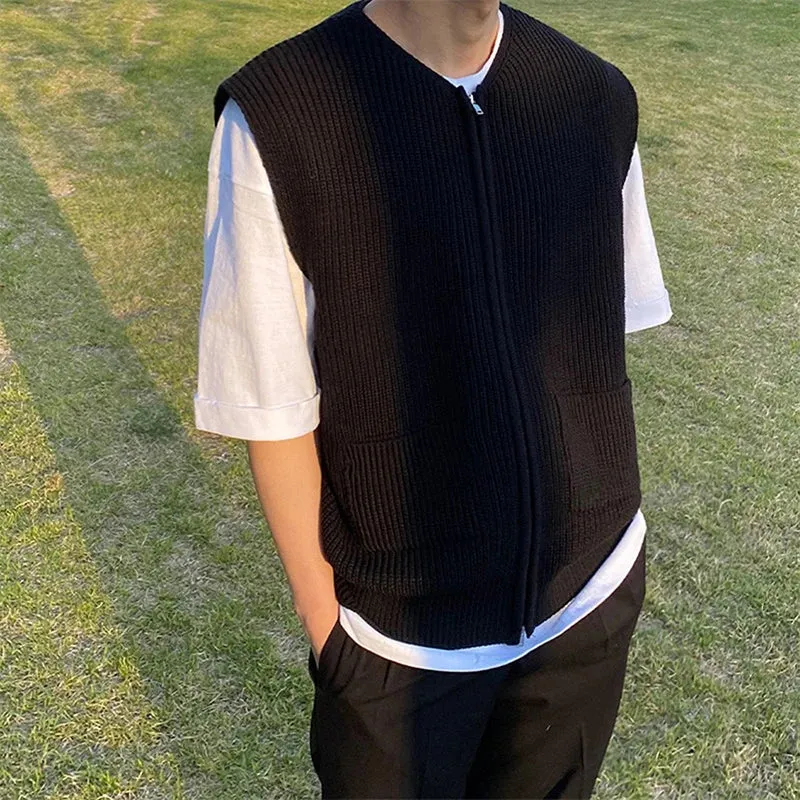 Aidase Men's Knitted Sleeveless Zipper Sweater Casual Luxury Clothing Waistcoat Tide Port Style Leisure Pullover Spring Retro Knitwear