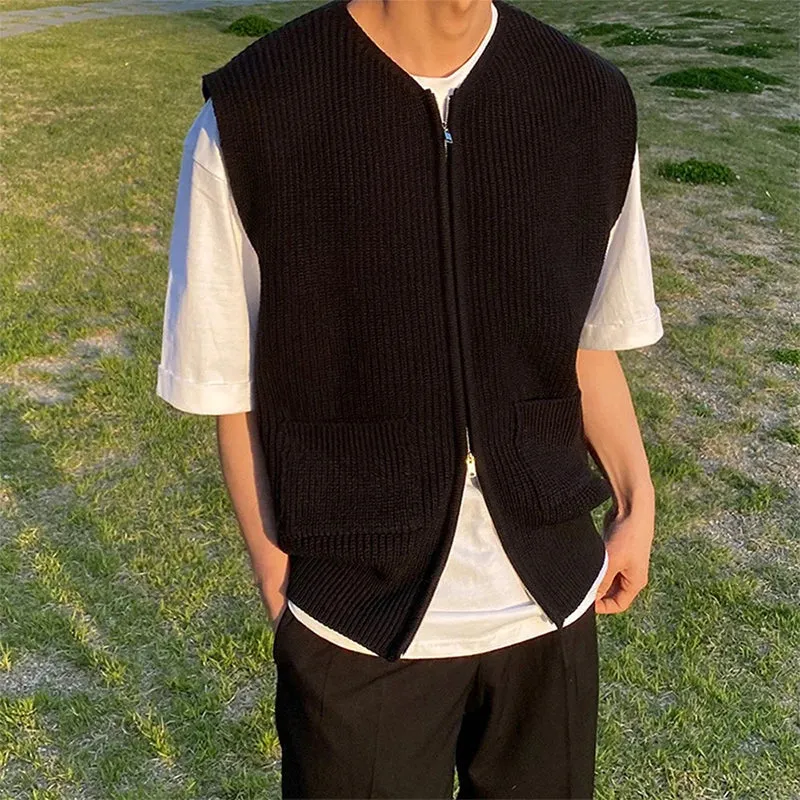 Aidase Men's Knitted Sleeveless Zipper Sweater Casual Luxury Clothing Waistcoat Tide Port Style Leisure Pullover Spring Retro Knitwear