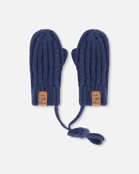 Baby Knit Mittens With String Navy Blue