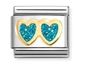CLASSIC GLITTER,STEEL,ENAMEL,18K GOLD DOUBLE HEART LIGHT BLUE