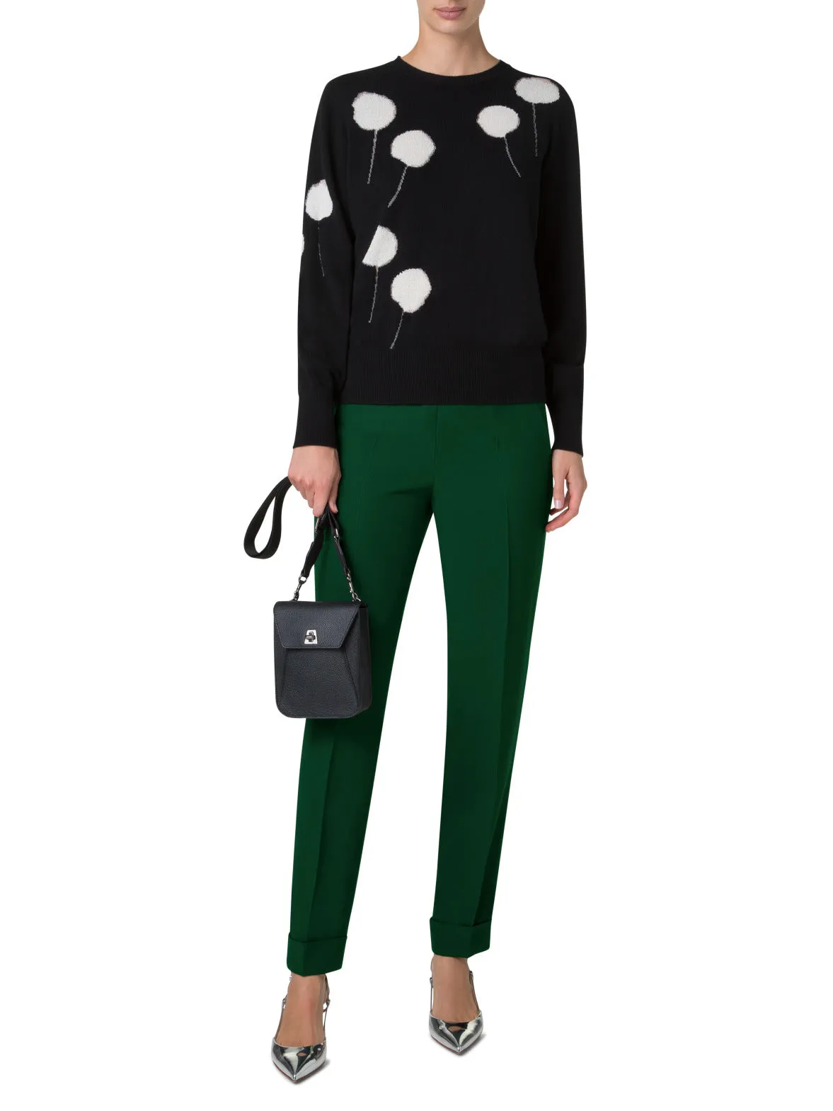 Crew Neck Sweater in Cashmere with Dandelion Intarsia