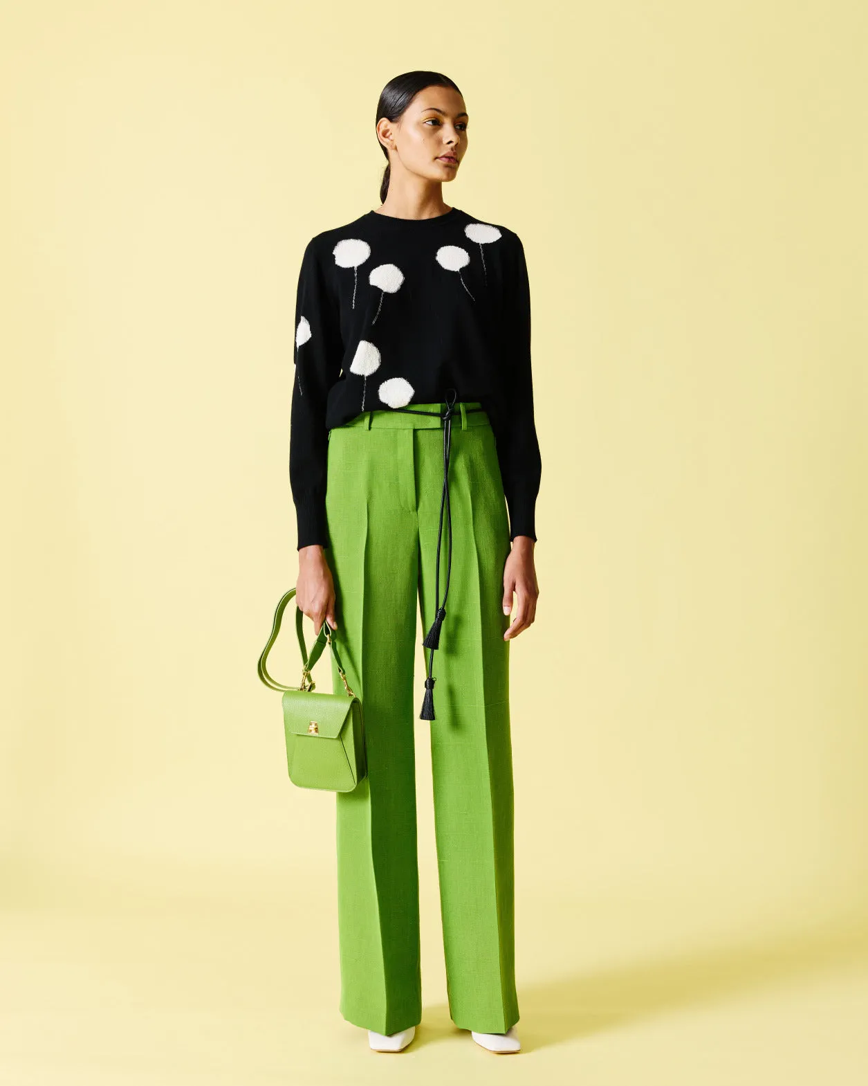 Crew Neck Sweater in Cashmere with Dandelion Intarsia