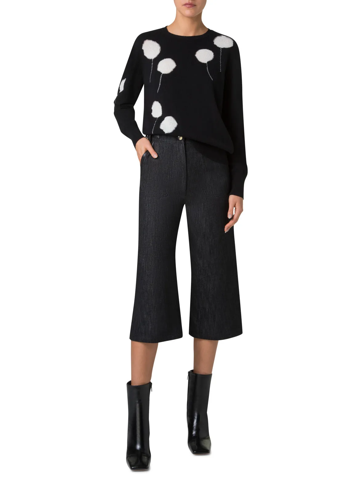Crew Neck Sweater in Cashmere with Dandelion Intarsia