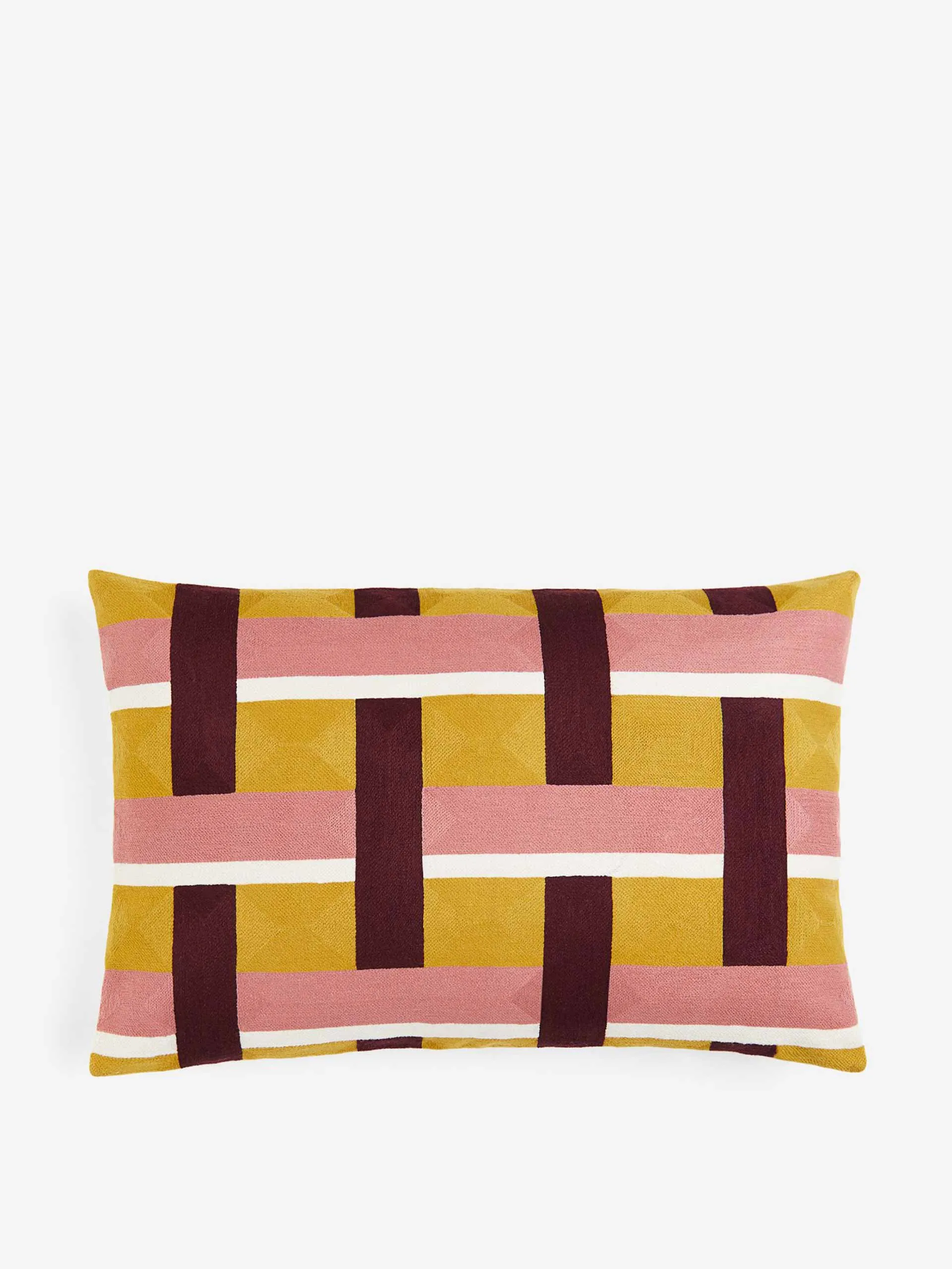 Embroidered cushion cover in dark yellow and pink