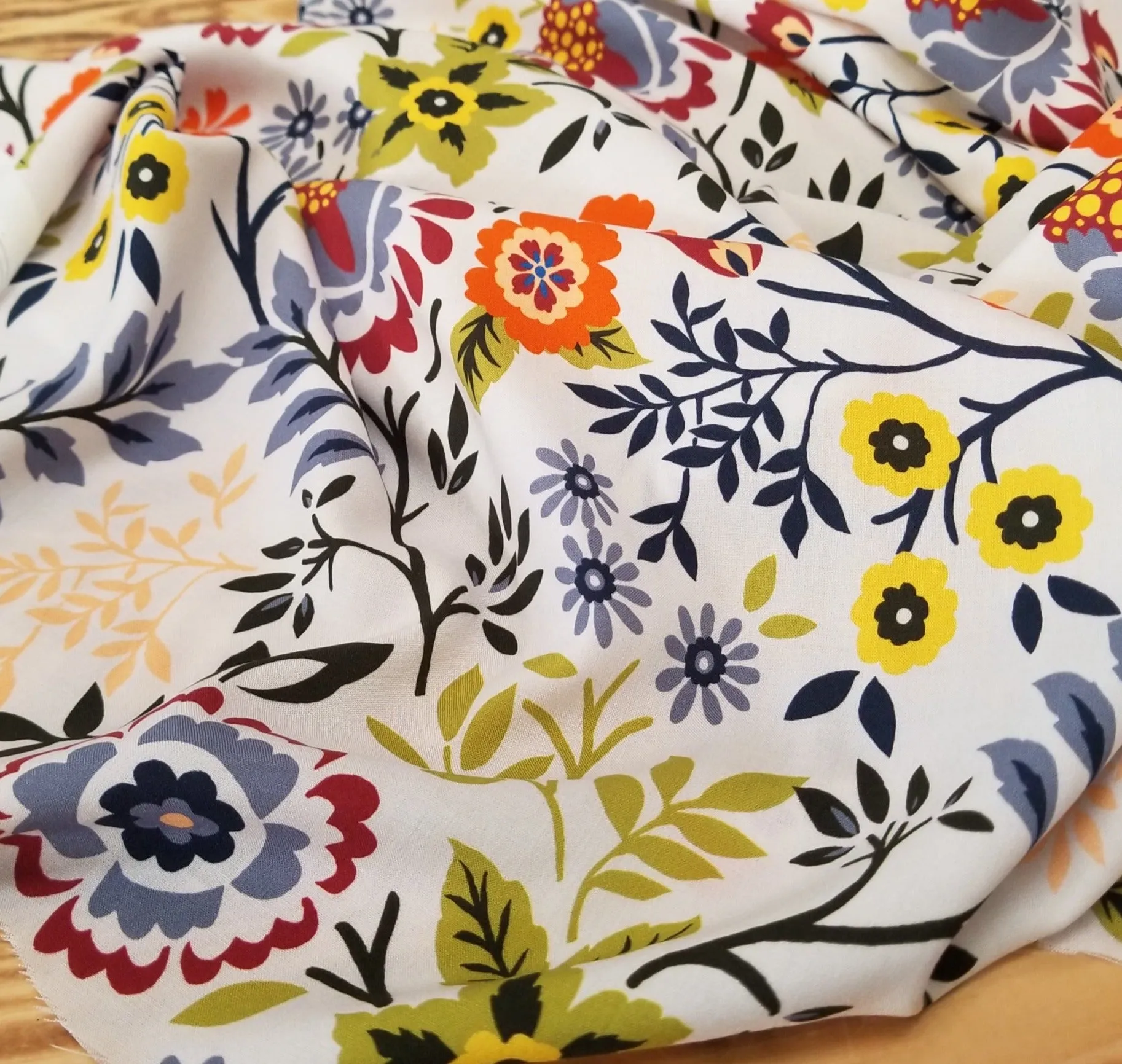 End of Bolt: 2.5 yards of Deadstock Italian Ivory Folklore Viscose Challis Woven- remnant