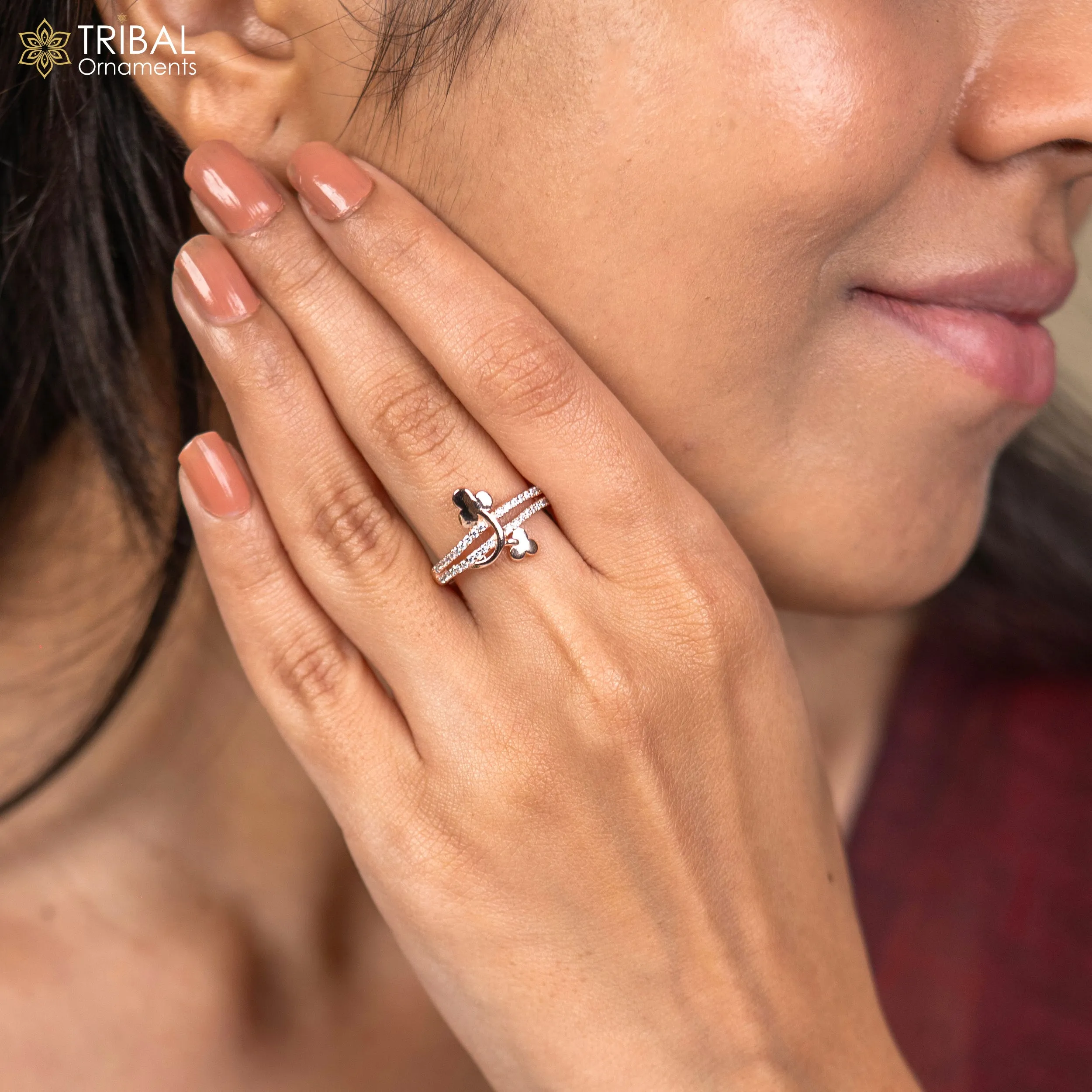 Flower design diamond rose gold silver ring