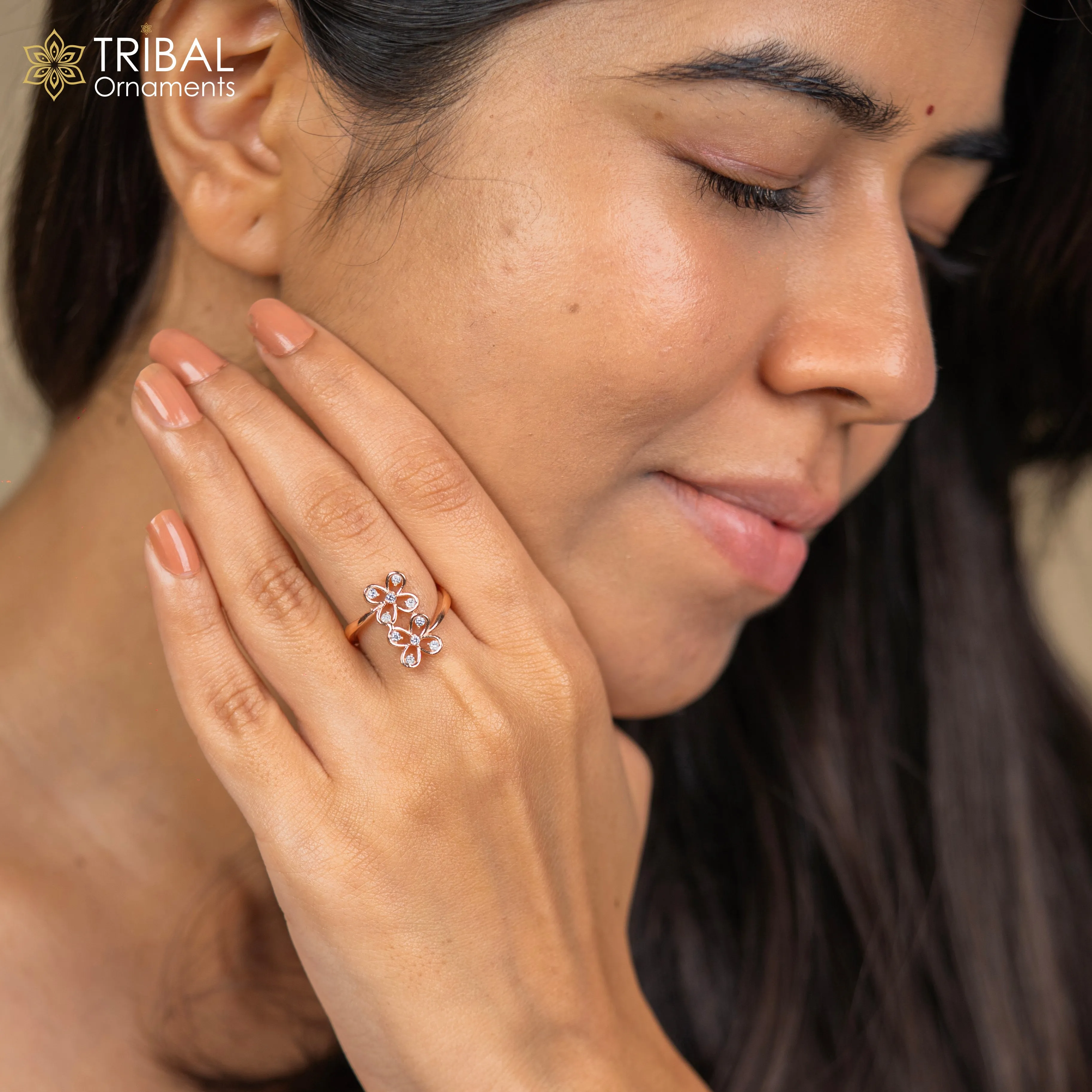 Flower shape diamond rose gold silver ring