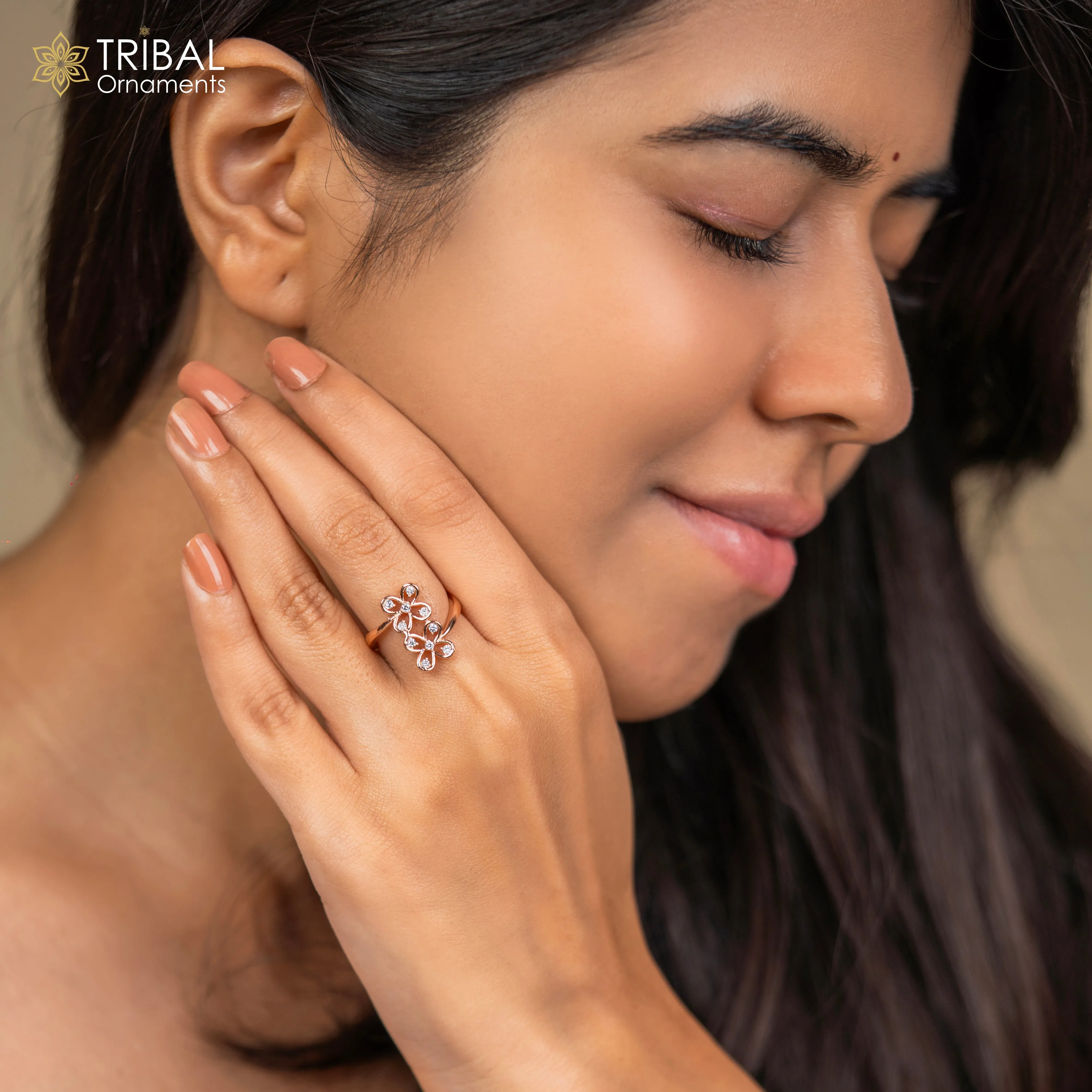 Flower shape diamond rose gold silver ring