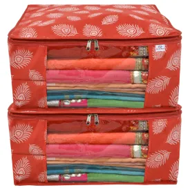 Heart Home Leaf Printed Saree Cover/Clothes Organiser For Wardrobe With Transparent Window, Pack of 2 (Orange)