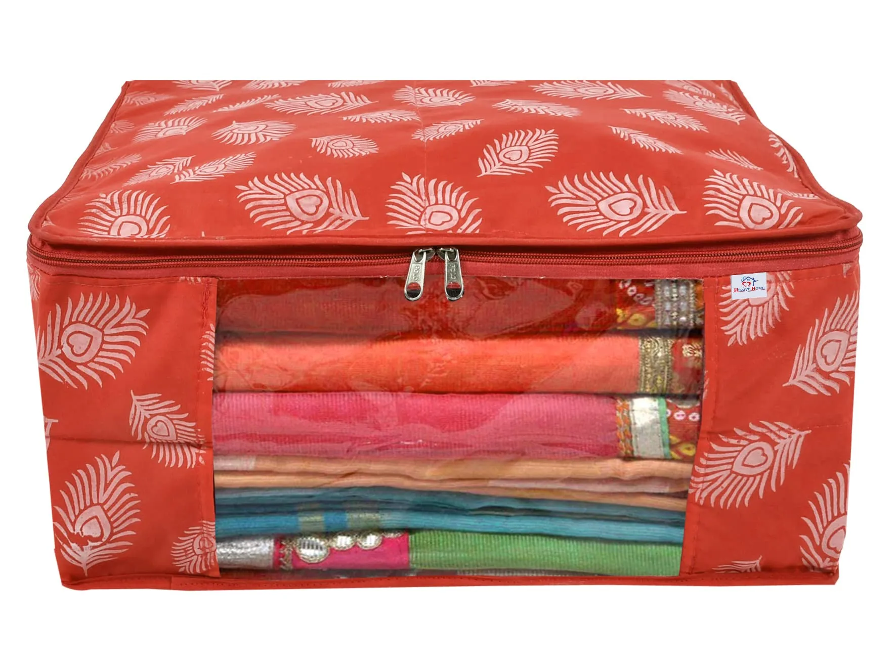 Heart Home Leaf Printed Saree Cover/Clothes Organiser For Wardrobe With Transparent Window, Pack of 2 (Orange)