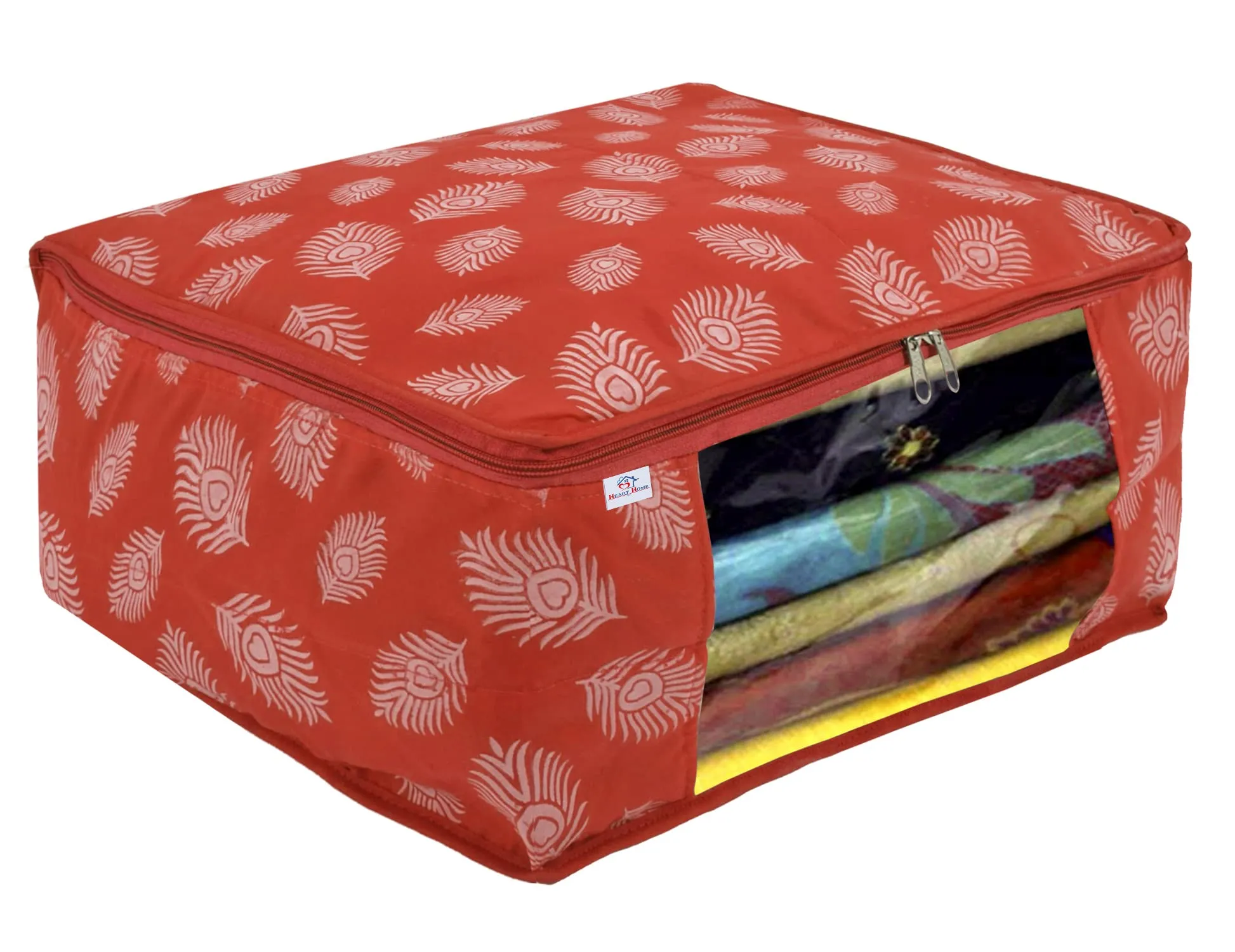 Heart Home Leaf Printed Saree Cover/Clothes Organiser For Wardrobe With Transparent Window, Pack of 2 (Orange)
