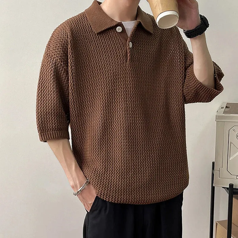 Jinquedai Men's Clothing Light Luxury Hollow Out Knit Polo Shirt Leisure Solid Color Short Sleeve Fashion Retro Korean Popular Knitwear