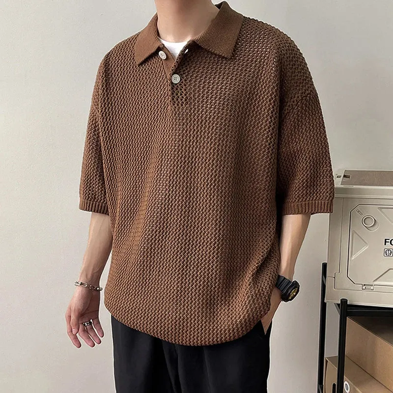 Jinquedai Men's Clothing Light Luxury Hollow Out Knit Polo Shirt Leisure Solid Color Short Sleeve Fashion Retro Korean Popular Knitwear