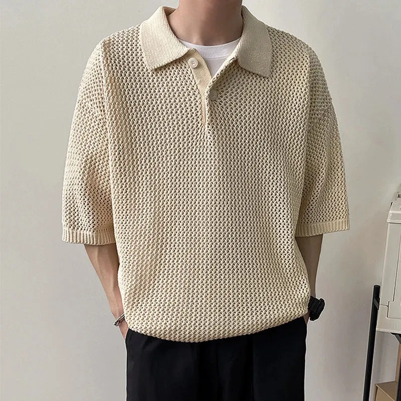 Jinquedai Men's Clothing Light Luxury Hollow Out Knit Polo Shirt Leisure Solid Color Short Sleeve Fashion Retro Korean Popular Knitwear