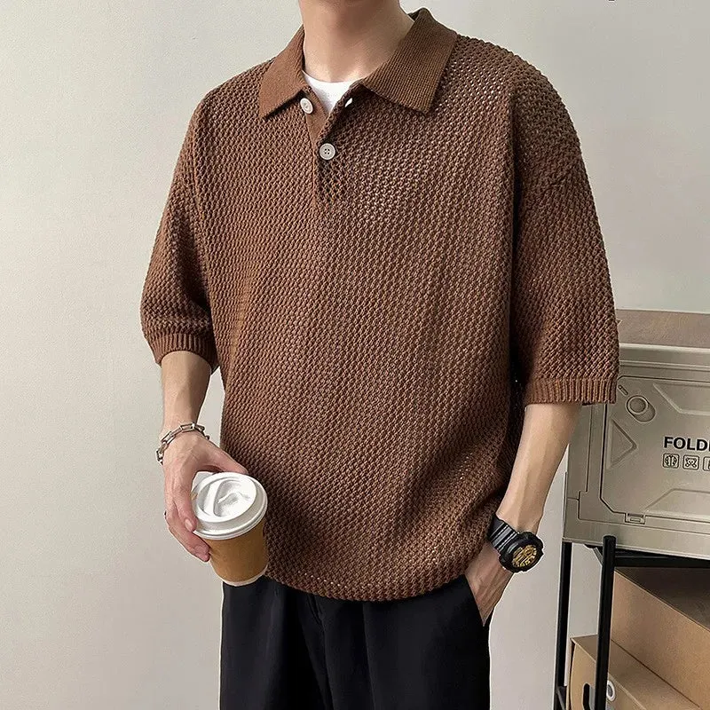 Jinquedai Men's Clothing Light Luxury Hollow Out Knit Polo Shirt Leisure Solid Color Short Sleeve Fashion Retro Korean Popular Knitwear