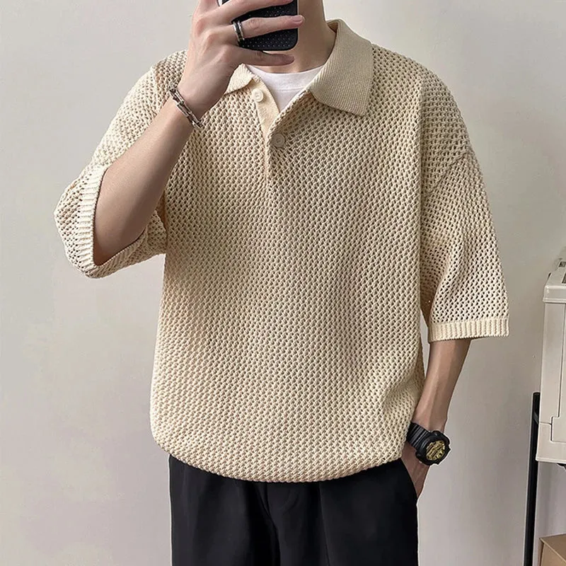 Jinquedai Men's Clothing Light Luxury Hollow Out Knit Polo Shirt Leisure Solid Color Short Sleeve Fashion Retro Korean Popular Knitwear