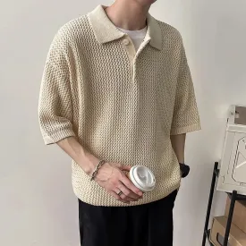 Jinquedai Men's Clothing Light Luxury Hollow Out Knit Polo Shirt Leisure Solid Color Short Sleeve Fashion Retro Korean Popular Knitwear