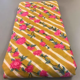 Pink Floral White Lines Yellow Muslin Silk Fabric