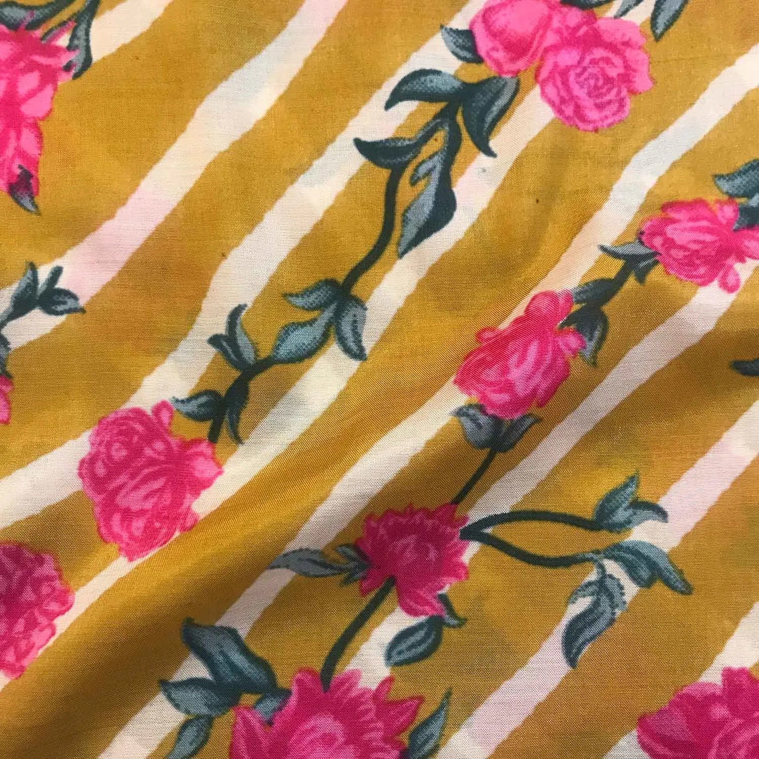 Pink Floral White Lines Yellow Muslin Silk Fabric