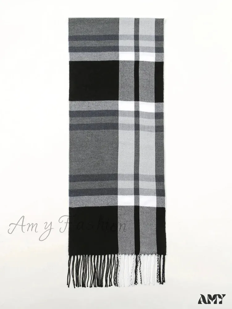 Plaid Print Cashmere Winter Pashmina Scarf with Tassels