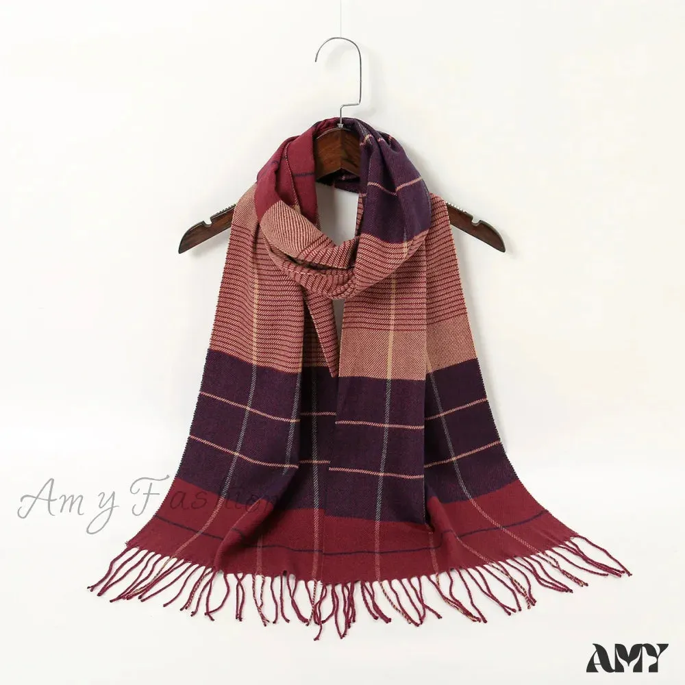 Plaid Print Cashmere Winter Pashmina Scarf with Tassels