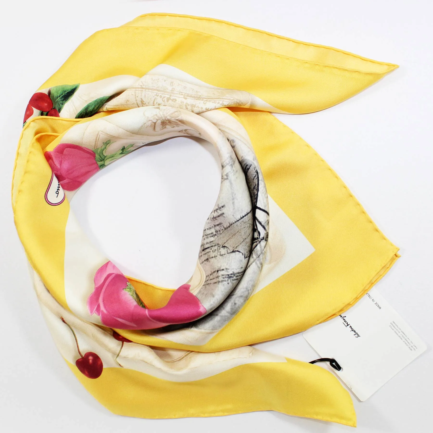Salvatore Ferragamo Silk Scarf Flowers & Drawings Design - Large 36 Inch Square Foulard SALE
