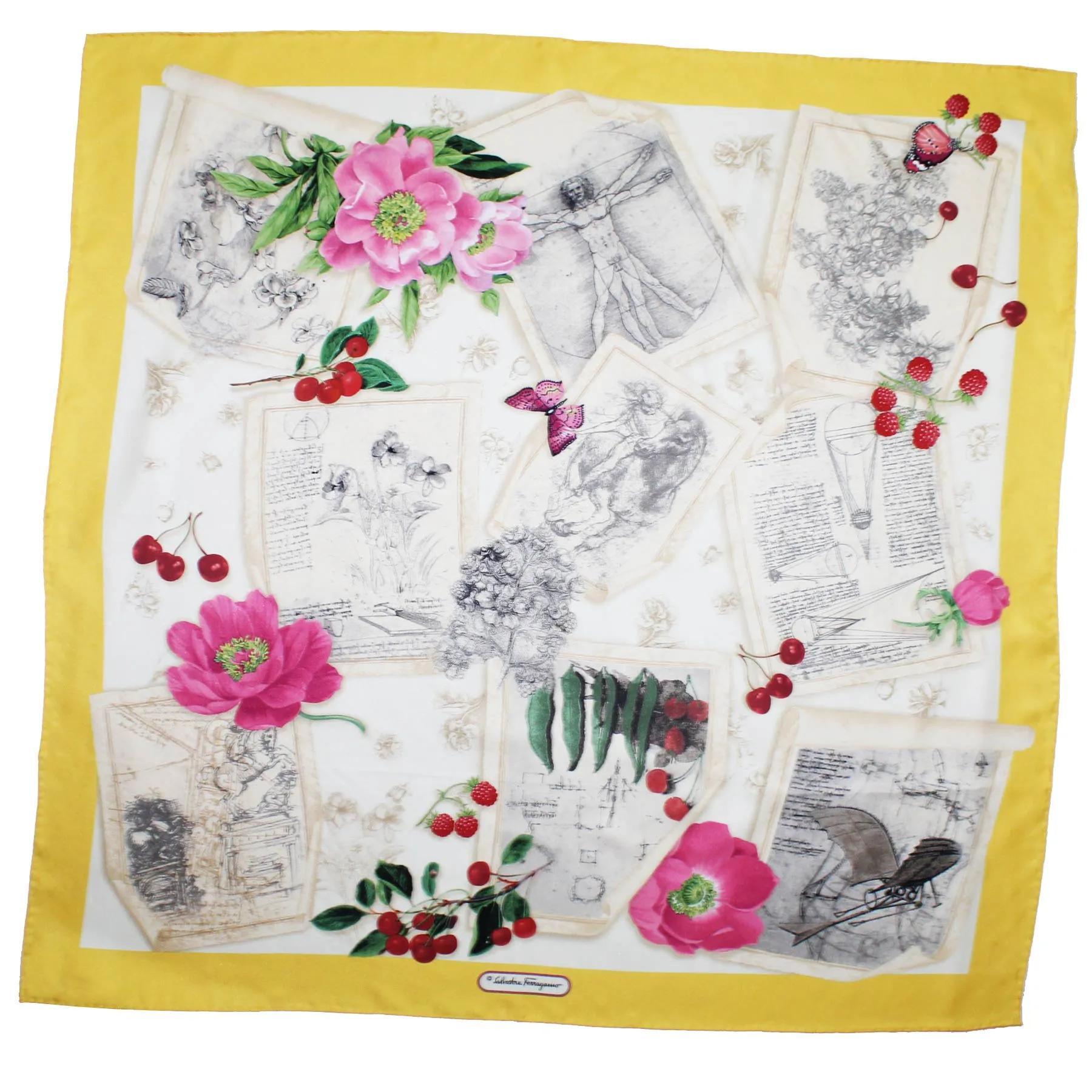 Salvatore Ferragamo Silk Scarf Flowers & Drawings Design - Large 36 Inch Square Foulard SALE