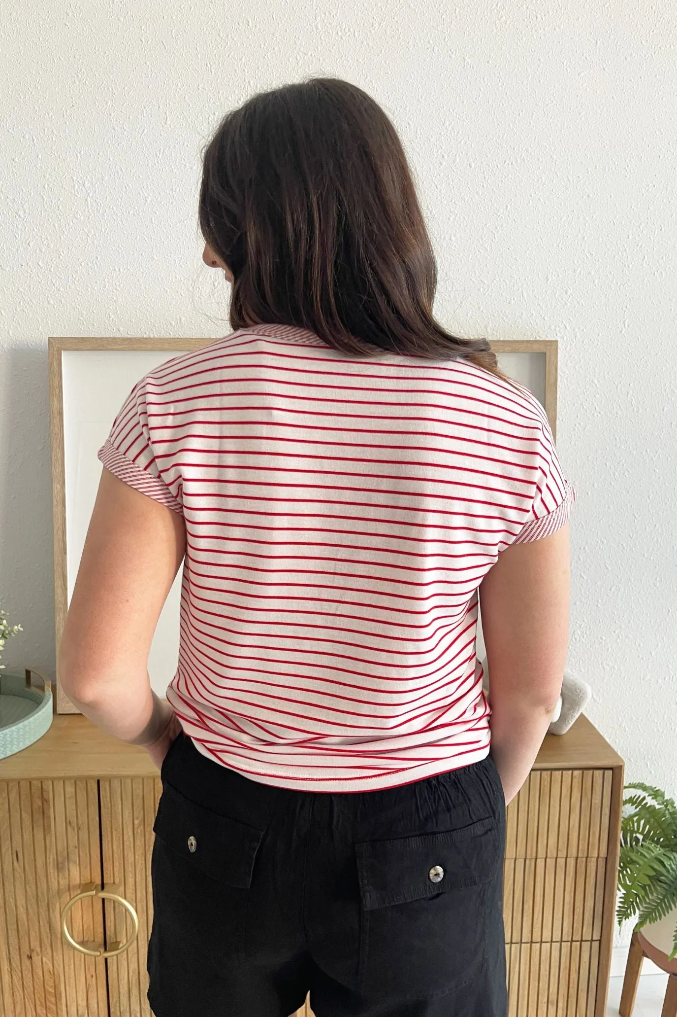 Short Sleeve Pinstripe Crew Neck Top