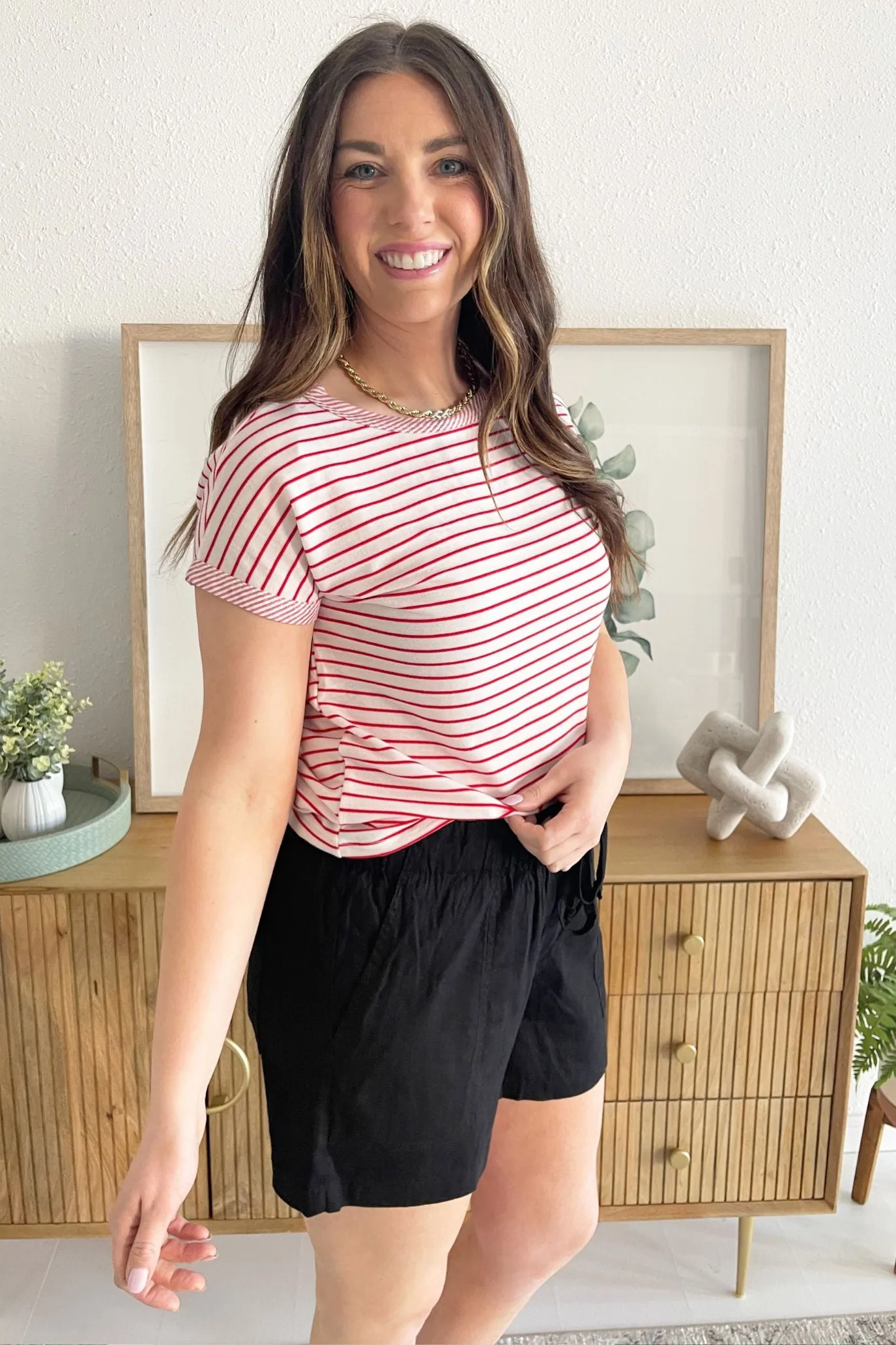 Short Sleeve Pinstripe Crew Neck Top