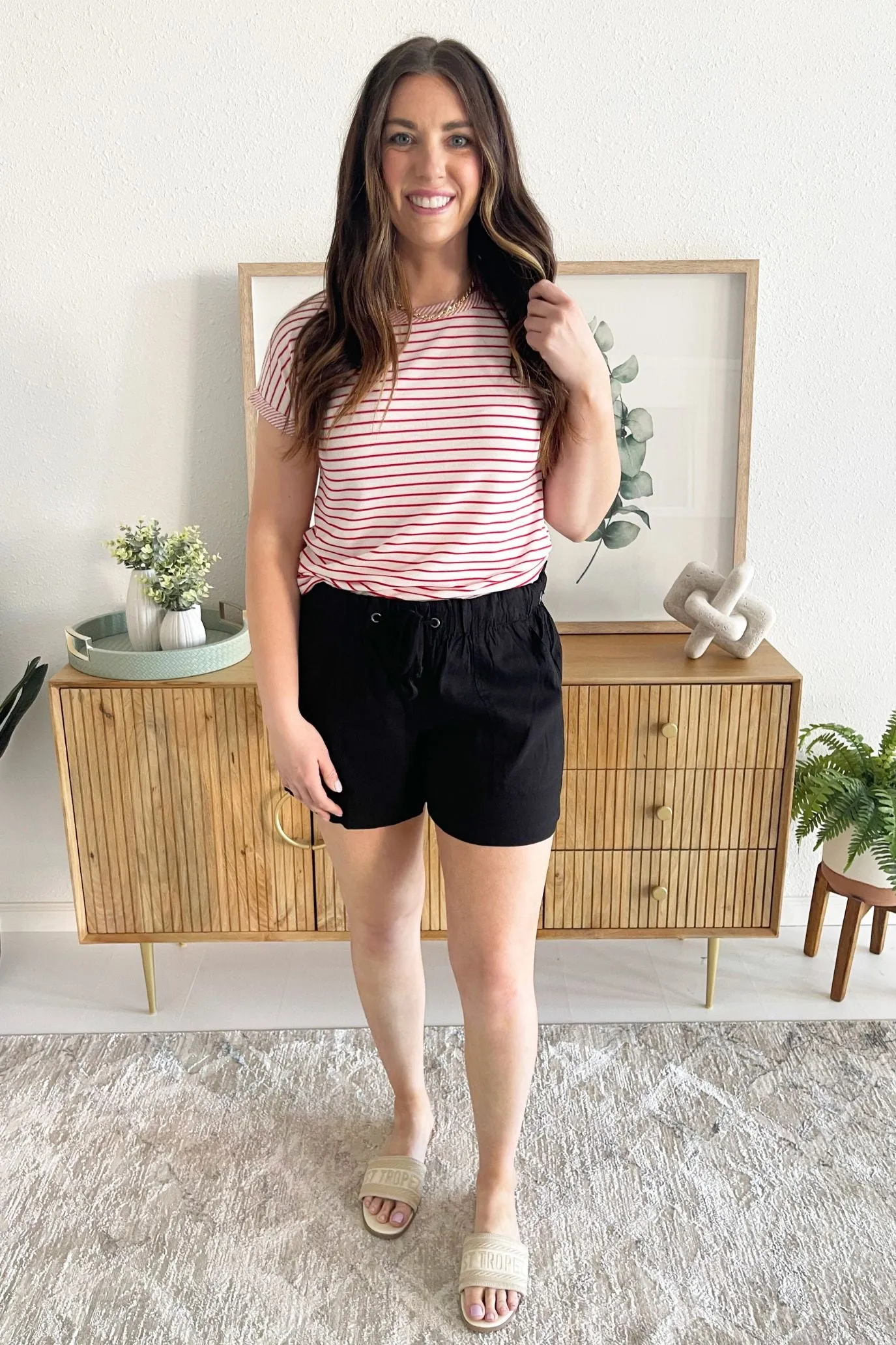 Short Sleeve Pinstripe Crew Neck Top