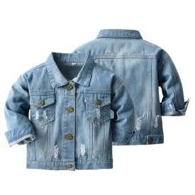 Spring Fall Kids Casual Jacket Girls Ripped Holes Jeans Coats Little Boys Girls Denim Outerwear Costume 12M-6Y