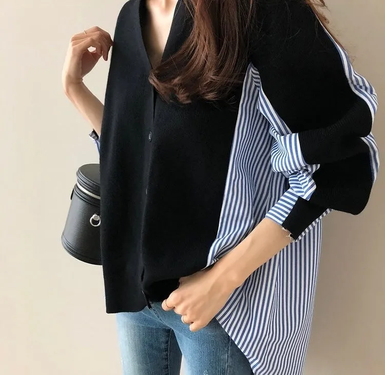 Striped Shirt V-Neck Cardigan